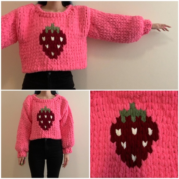 Hot Pink Maroon Red Strawberry Graphic Chunky Chenille Knit Crop Sweater Y2k - Picture 3 of 4